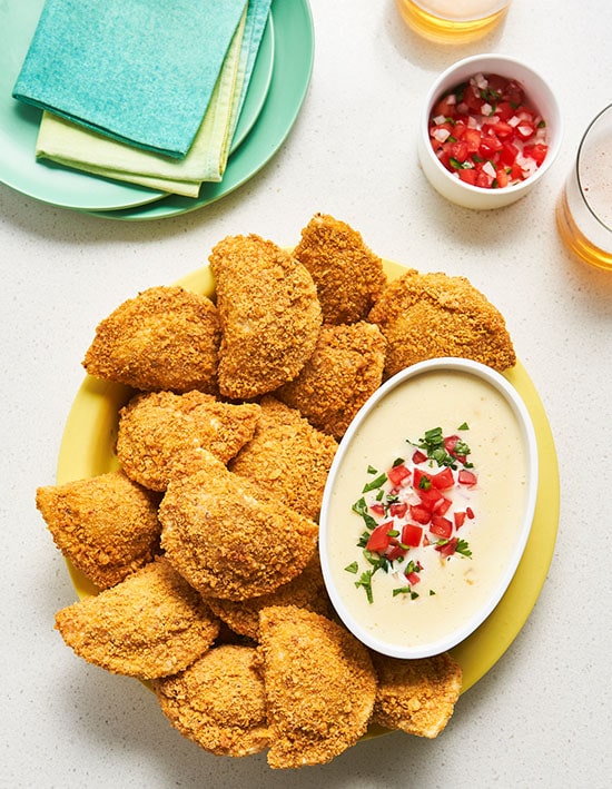 Queso Dip with Broccoli and Aged Cheddar Pierogies