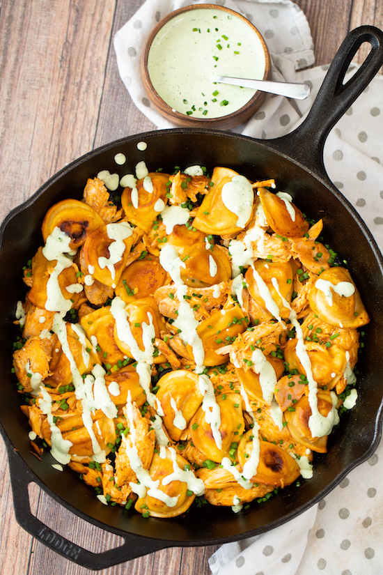 Grilled Buffalo Chicken and Pierogy Skillet