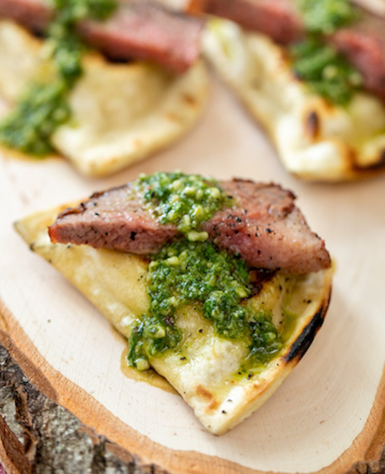 Grilled Pierogies with Steak and Chimichurri