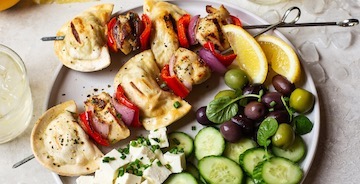 Grilled Greek Lemon Chicken Pierogy Skewers