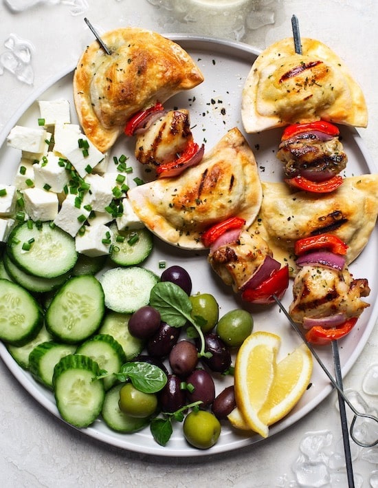 Grilled Greek Lemon Chicken Pierogy Skewers