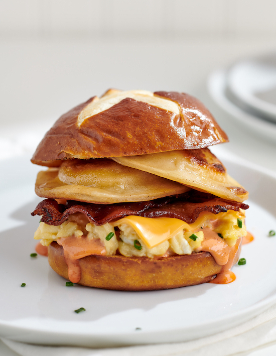 Pierogy, Bacon, Egg and Cheese Sandwich