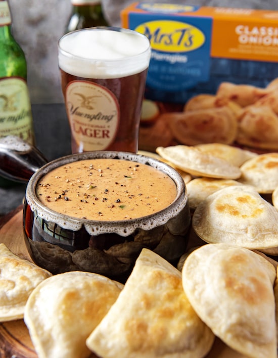 Classic Onion Pierogies with Yuengling Traditional Lager Cheese Dip