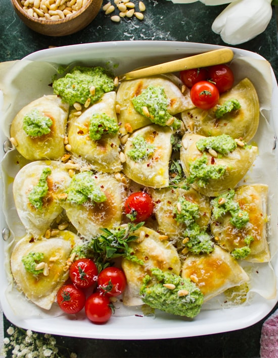 Crispy Baked Pierogies with Broccoli Pesto