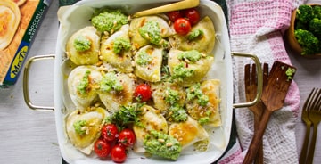 Crispy Baked Pierogies with Broccoli Pesto