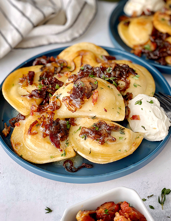 Caramelized Onion, Mushroom & Bacon Pierogies