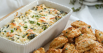 Spinach Artichoke Dip with Parmesan Crusted Pierogies