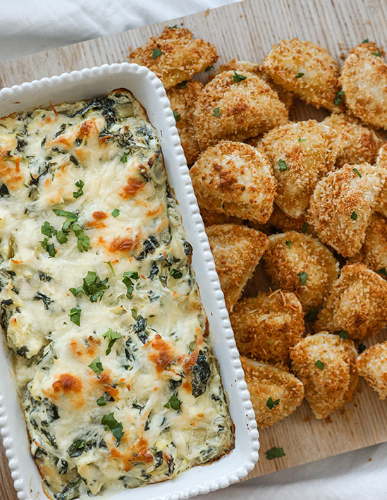 Spinach Artichoke Dip with Parmesan Crusted Pierogies