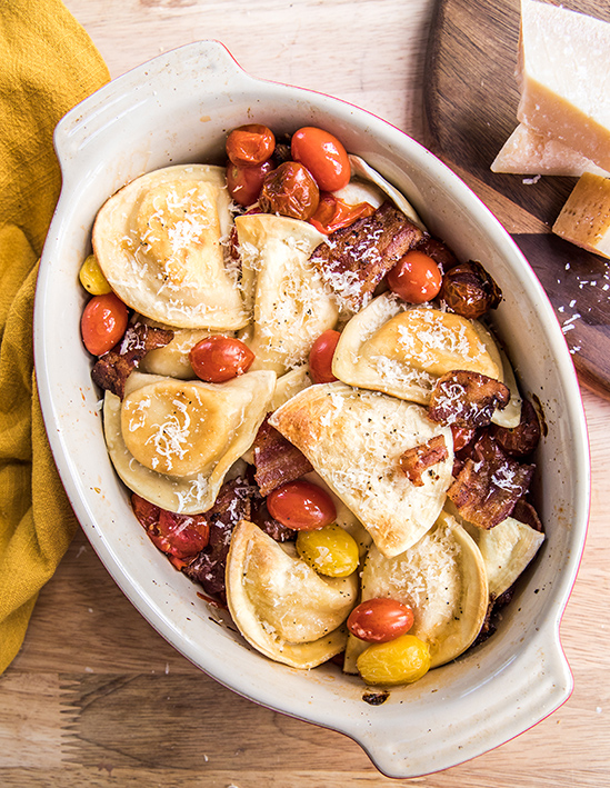 Tomato Bacon & Cheese Pierogy Bake