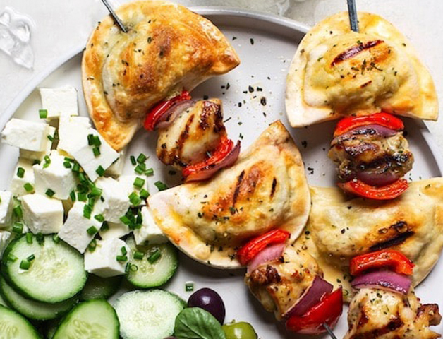 Mrs. T’s Grilled Greek Lemon Chicken Pierogy Skewers