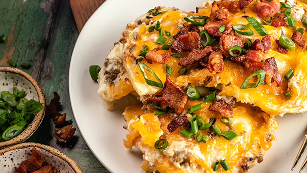 Loaded Baked Potato & Sausage Pierogy Casserole