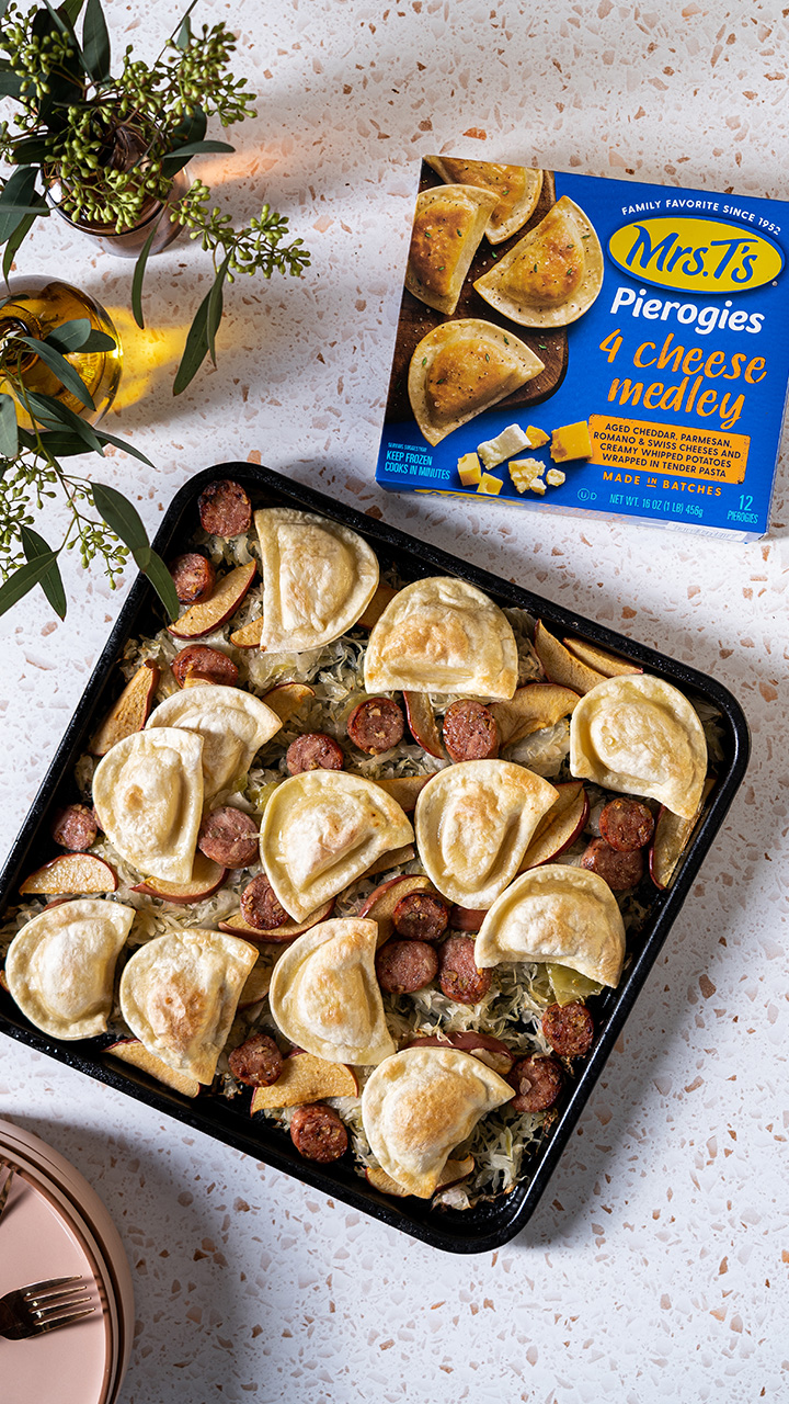 Sauerkraut, Apple and Sausage Pierogy Bake