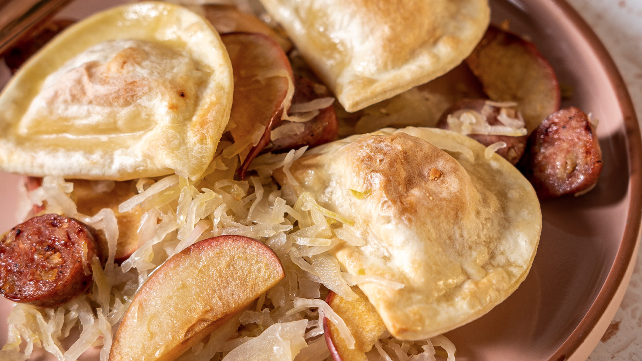 Sauerkraut, Apple and Sausage Pierogy Bake