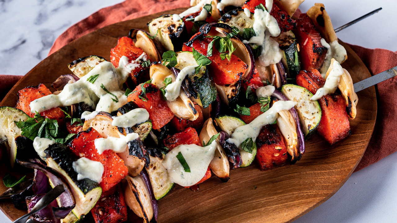 Watermelon, Zucchini Pierogy Kebabs w/ Lemon Feta Sauce