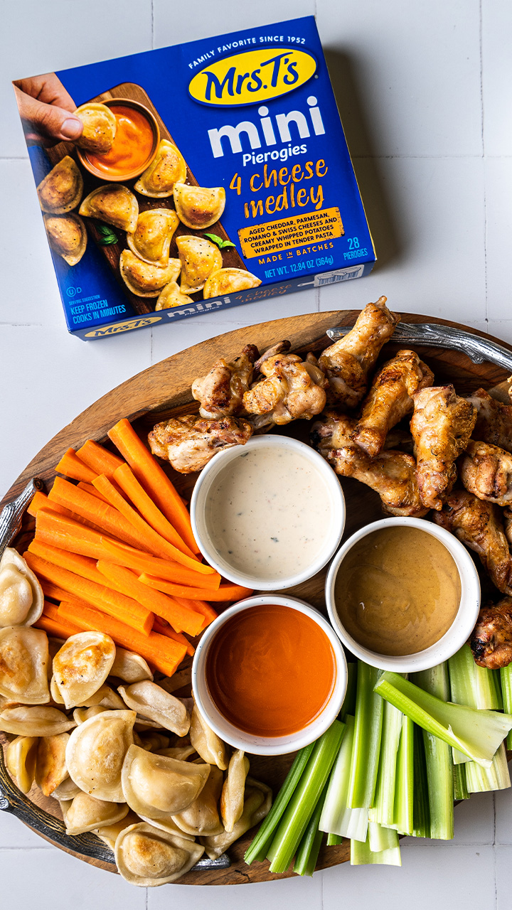 Grilled Pierogies and Chicken Wings with Honey Mustard, Buffalo Sauce and Ranch