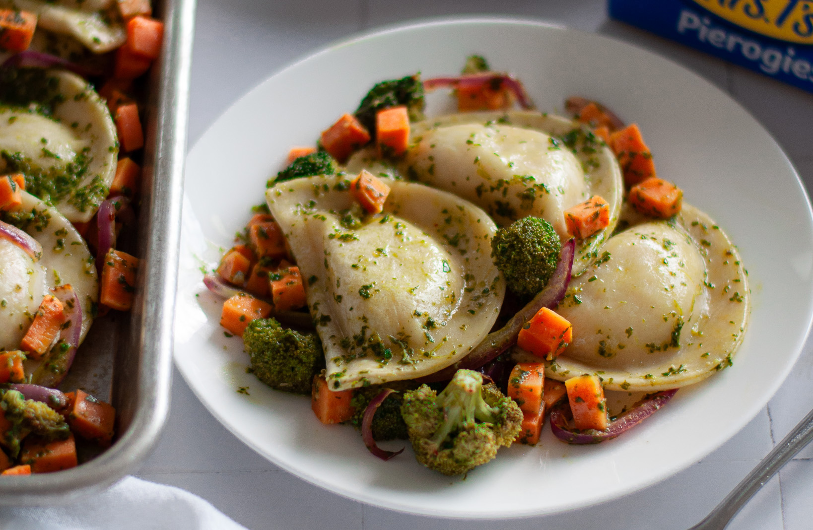 Chimichurri Pierogies with Roasted Veggies