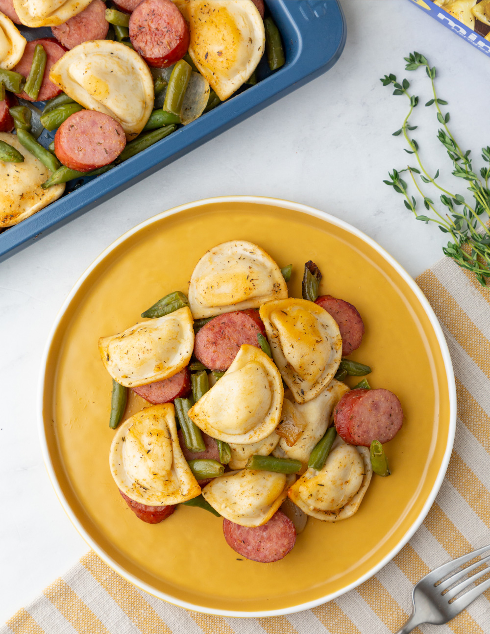 Sheet Pan Meal with Pierogies, Kielbasa and Green Beans