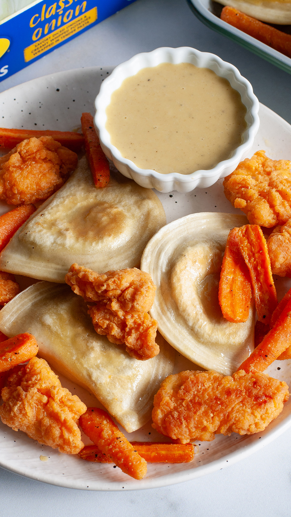 Pierogies & Popcorn Chicken Sheet Pan Meal with Honey Mustard