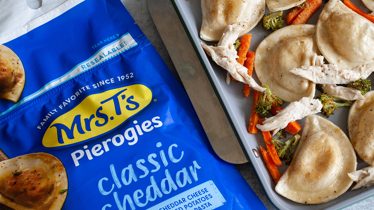 Sheet Pan Pierogies with Shredded Rotisserie Chicken, Broccoli and Carrots