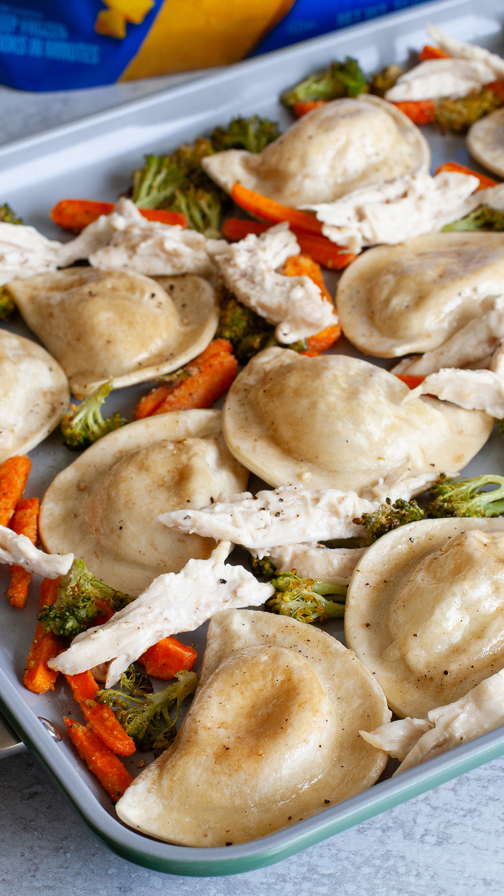 Sheet Pan Pierogies with Shredded Rotisserie Chicken, Broccoli and Carrots