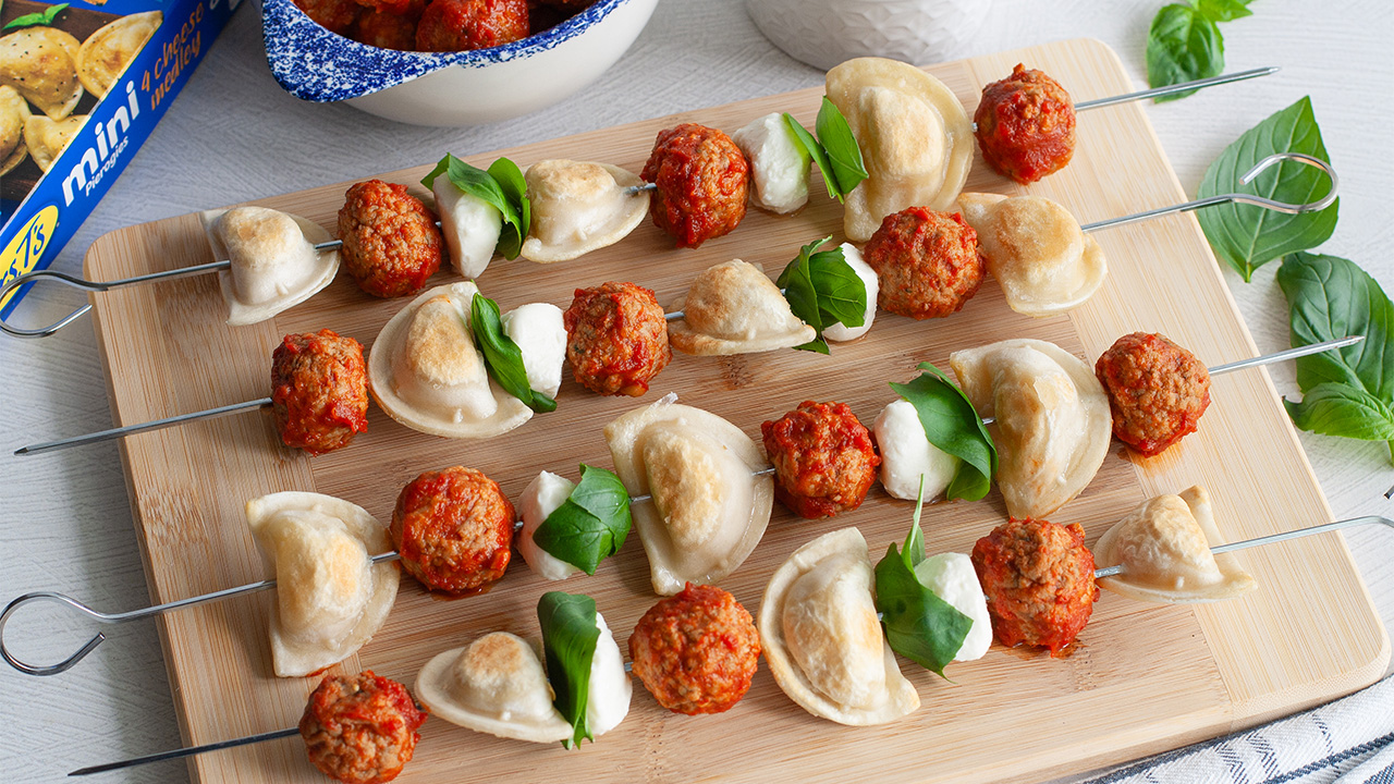 Mini Pierogy Meatball Parm Skewers