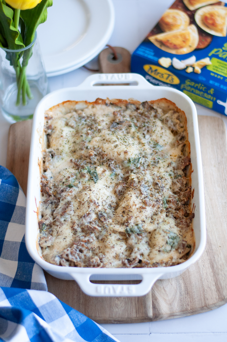 Sausage, Spinach, & Mushroom Pierogy Casserole