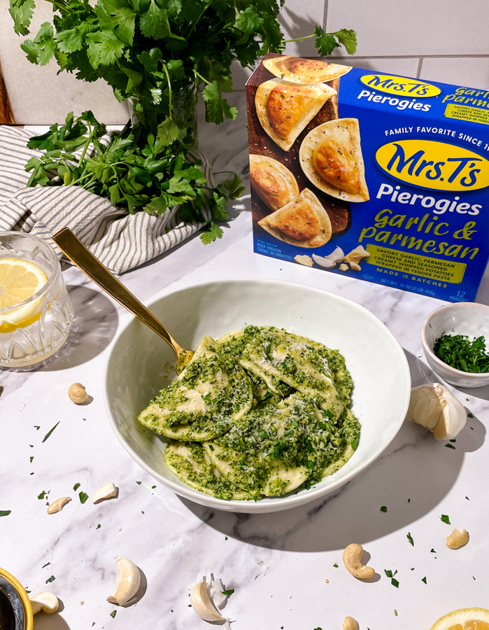 Pierogies with 5 Ingredient Kale Pesto
